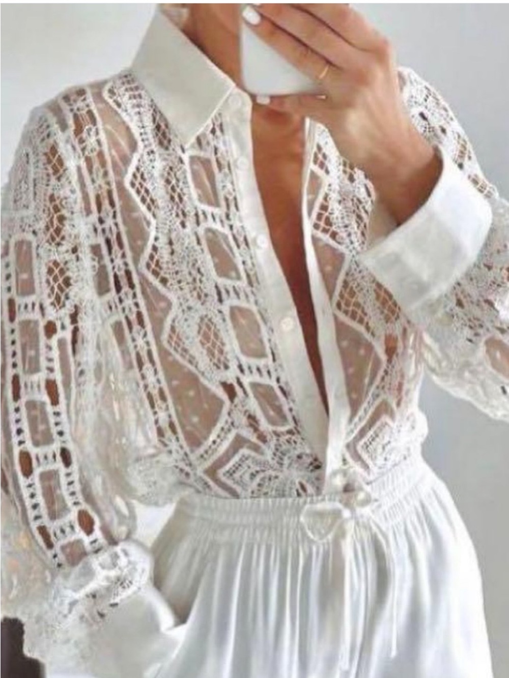 Zara Cream Crochet Lace Button-Up Blouse